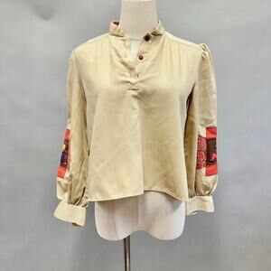 Vintage 70s tan patchwork sleeve twill cropped long sleeve Boxy‎ top Size Small